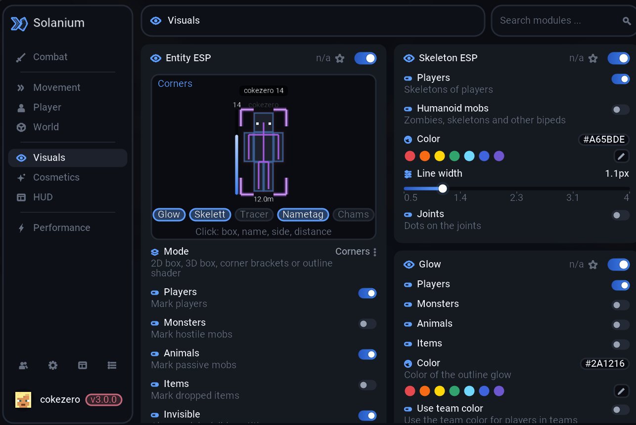 ClickGUI in the visuals category with Entity ESP preview